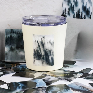Minimalist forest themed coffee mug with dark green mist print and clear plastic lid