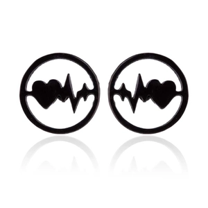 Boucles d'oreilles noires minimalistes avec motif ECG et cœur dans un cadre rond