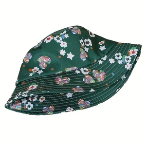 Bob unisexe vert foncé avec motifs cœurs et fleurs colorés pour protection solaire outdoor