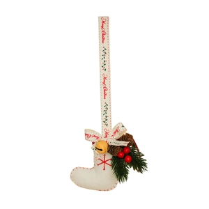 White felt Christmas stocking hanging decoration with bells, pine cones and red berries