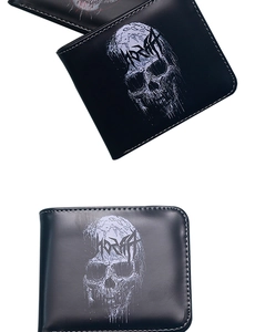 Detail of a black leather skull wallet showing artistic HOGSAT print and zipper closure