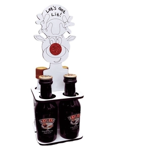 Miniature reindeer Christmas wine bottle rack with red glitter nose and Let's Get Lit slogan