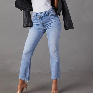 Jeans Donna Vita Alta Bottone Incrociato Asimmetrico Blu Chiaro Strappato Gamba Dritta Denim Pantalone