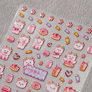 3D embossed cartoon dragon nail stickers with dessert themes and lucky gold text