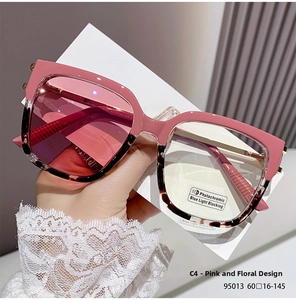 Detail view of square frame glasses with pink and tortoiseshell dual-tone finish