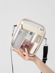 Macro shot of transparent PVC crossbody bag with cream leather trim and interior makeup items