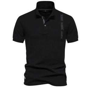 Classic black men's short-sleeved polo shirt with silver geometric embroidery on chest