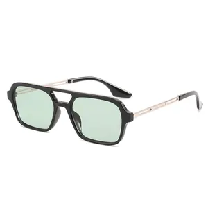 Retro square double bridge sunglasses with black frames and light green lenses
