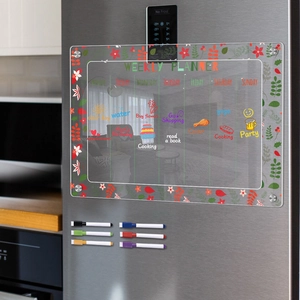 Acrylic weekly planner on stainless steel fridge with six colorful magnetic markers