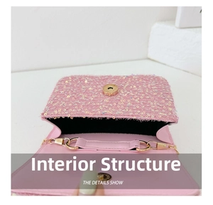 Internal structure of pink sequin mini bag with magnetic closure and gold chain strap