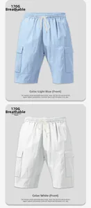 Detail of cargo shorts with elastic drawstring waist and side flap pockets in two colors