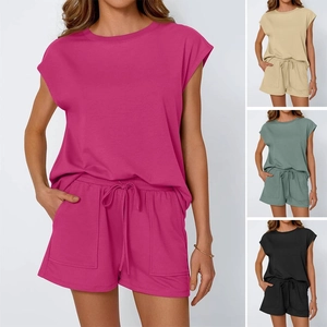 Women Casual Outfits Polyester Spandex Round Neck Short Sleeve Top And Drawstring Waist Pockets Shorts Loungewear Solid Color