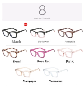 Matrix display of fashion square glasses frames in eight trendy assorted colorways