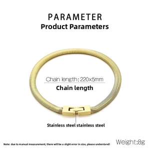 Macro detail of 5mm gold stainless steel flat snake chain bracelet with dimensions