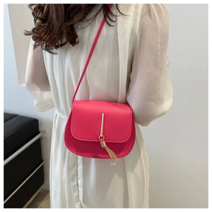 Detailed back view of a mini rose pink crossbody saddle bag with gold tassel on female model