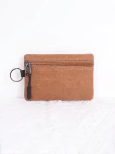 Brown canvas mini coin purse with metal zipper and key ring lanyard attachment