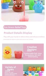 Detailed view of colorful cartoon stress relief squeeze toys with mini plastic cups