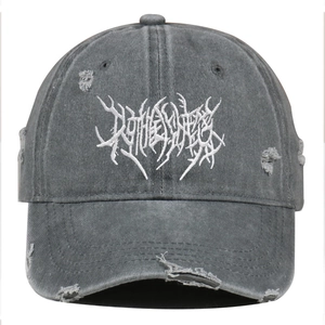 Vintage dark gray washed cotton baseball cap with gothic white embroidery and distressed finish