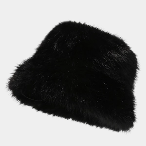 Detailed view of the soft black faux fur texture on this warm winter bucket hat