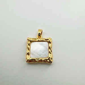 18K gold plated square pendant featuring a white shell inlay and hammered metal texture