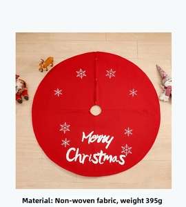 Red Christmas tree skirt with Merry Christmas text and snowflake embroidery on floor