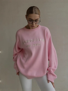 Women Oversized Pullover Sweater Cotton Polyester Knit Round Neck Letter Print Long Sleeve Casual Streetwear Top