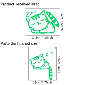 Detailed size chart showing sleeping cat wall sticker dimensions before and after pasting