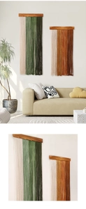 Detail of bohemian woven macrame wall hanging with wooden rod and fringe tassels