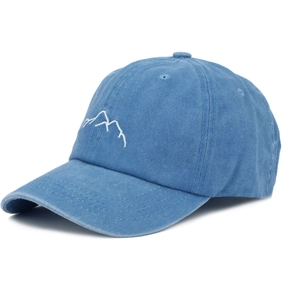 Detail of mountain embroidery on blue washed cotton baseball cap with vintage texture