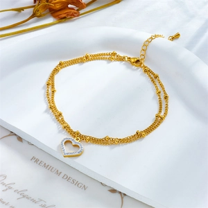 Double-layered gold titanium steel anklet with beaded chain and sparkling heart pendant