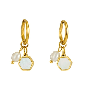 Golden stainless steel hoop earrings with white pearl and hexagonal shell pendants