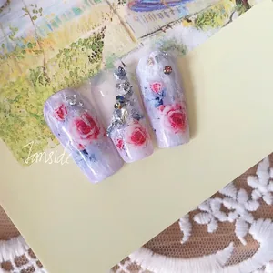 Elegant purple marble nail art patches with red rose and rhinestone accents