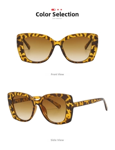 Front and side views of tortoiseshell oversized sunglasses with brown gradient lenses