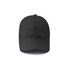 Detail of laser-cut perforated vents on black quick-dry breathable sun protection hat
