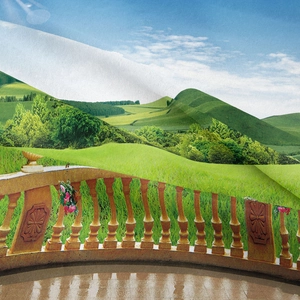 Scenic European landscape tapestry with green hills and terrace view wall hanging