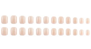 Set of 24 nude beige press-on nails in various sizes shown on a clean white background