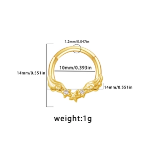 Detailed size chart for gold heart nose ring with wings and 1.2mm thickness dimensions