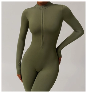 Close-up of olive green thermal bodysuit with front half-zipper and high neck detail