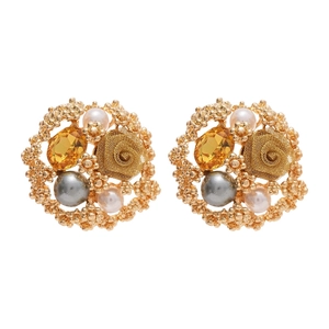 Vintage gold earrings with pearls, crystals, and roses in a baroque floral design
