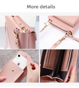 Detailed view of pink crossbody phone wallet with card slots and golden hardware