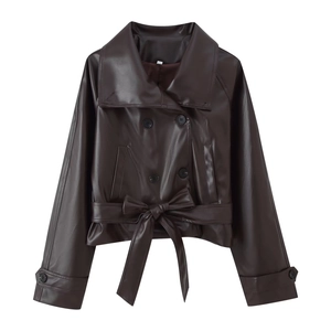Veste courte en cuir PU marron foncé pour femme avec double boutonnage, col à revers et ceinture