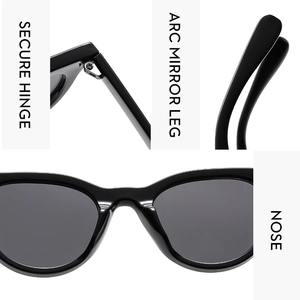 Detail view of secure metal hinge, arc mirror leg and integrated nose pads of sunglasses