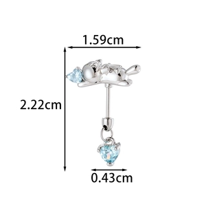 Silver cat ear cartilage stud featuring light blue heart-shaped cubic zirconia gems