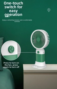 Close-up of a portable USB desk fan featuring a simple one-button control operation