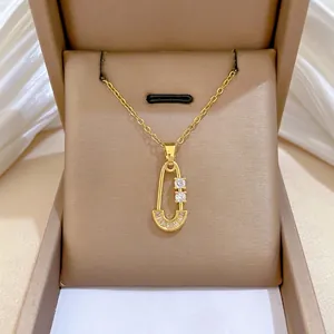 Safety Pin Pendant Necklace Gold Plated Stainless Steel Chain With Cubic Zirconia Copper Inlay Dainty Jewelry For Women
