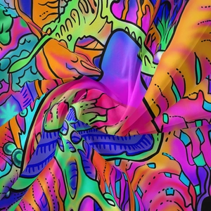 Detailed macro view of bohemian tapestry fabric with vibrant colors and silky texture