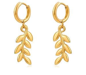 Detail of high-polish gold wheat leaf drop earrings with sleek metallic finish