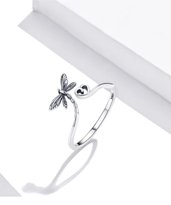 Detail of S925 sterling silver dragonfly and heart open ring showing the hallmark