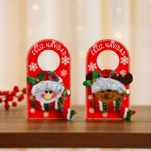 Christmas door hangers with snowman and reindeer dolls and Feliz Navidad text decor