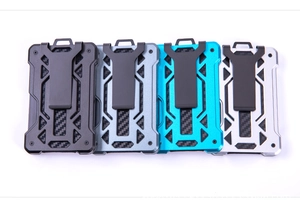 Detail view of carbon fiber tactical card holder wallets with metal back clips in various colors